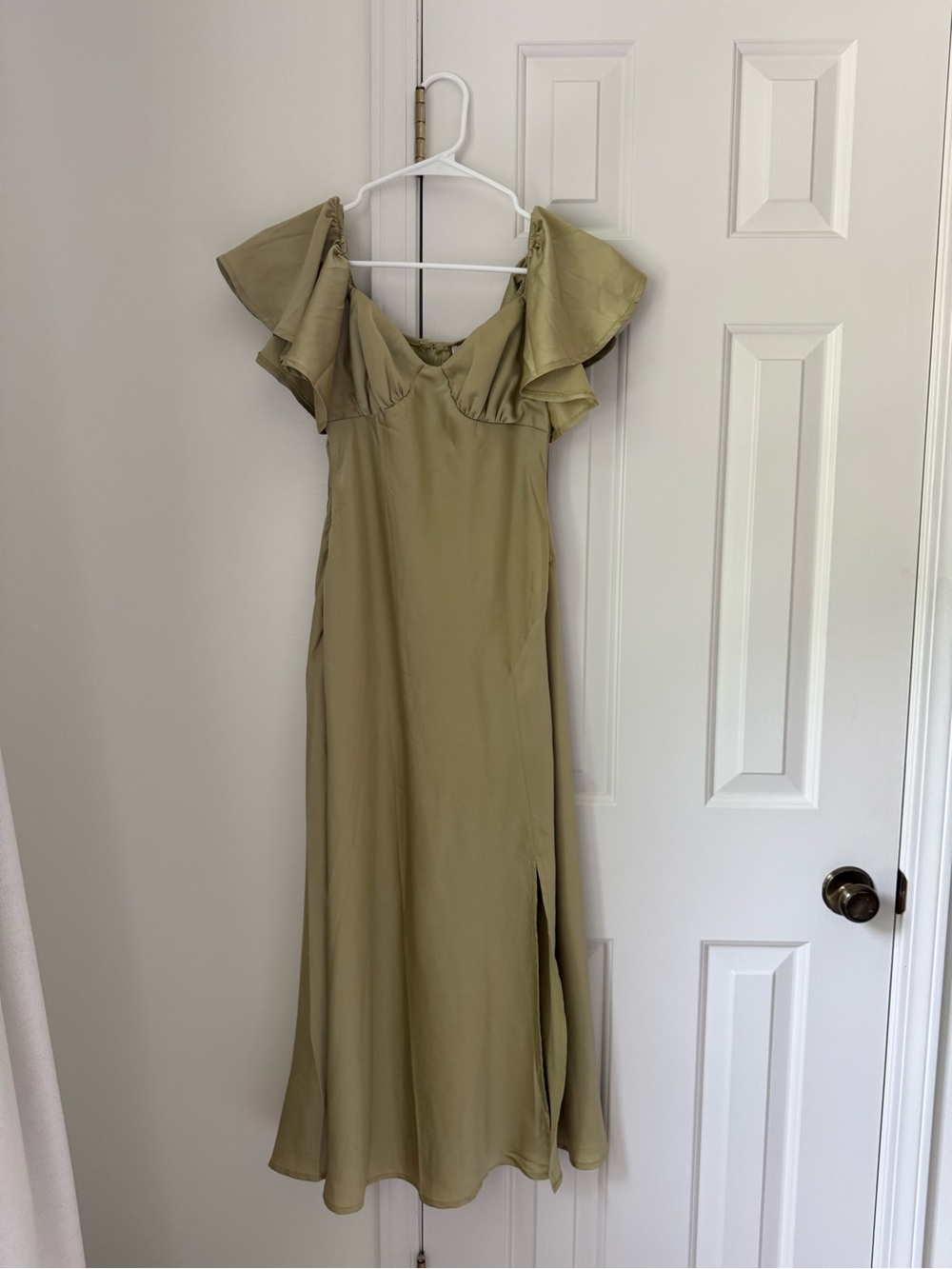 Olive Green Ruffle-Sleeve Satin Maxi Dress